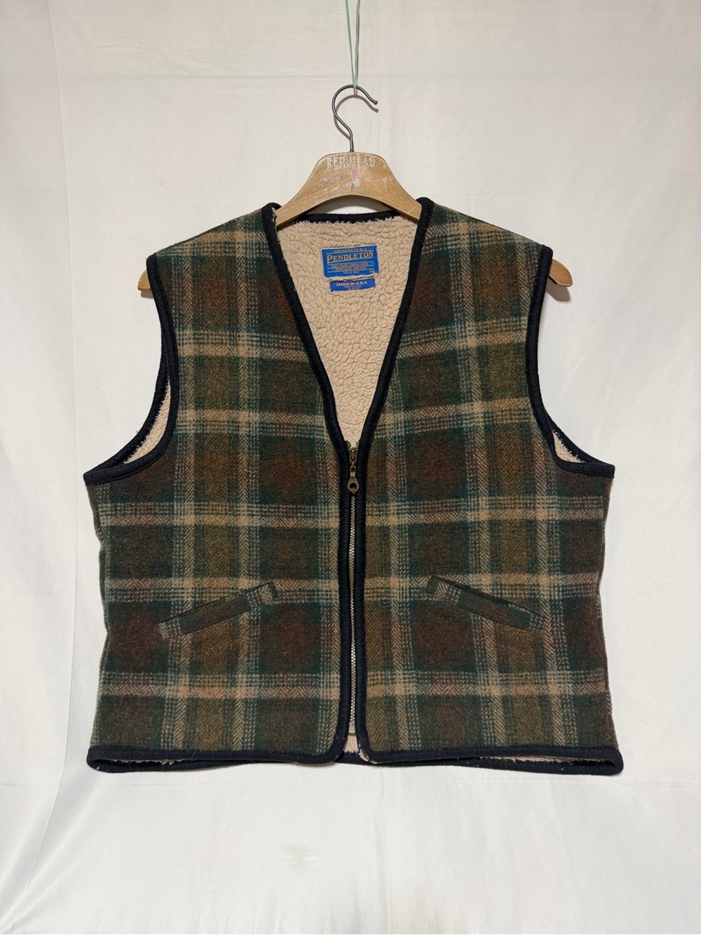 Pendleton Wool Sherpa Lined Vest USA Made Size Large Plaid Virgin Wool